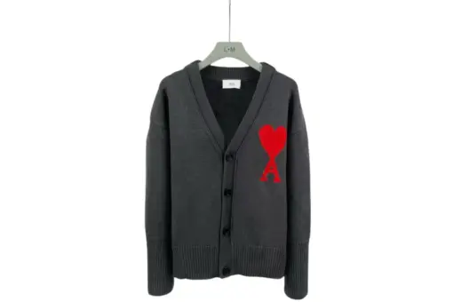 Ami Paris Large Heart Logo Loose Fitting Drop Shoulder V Neck Cardigan Sweater Gray