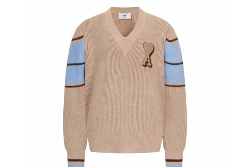 Ami Paris Brown Wool College Cardigan Camel With Sky Blue