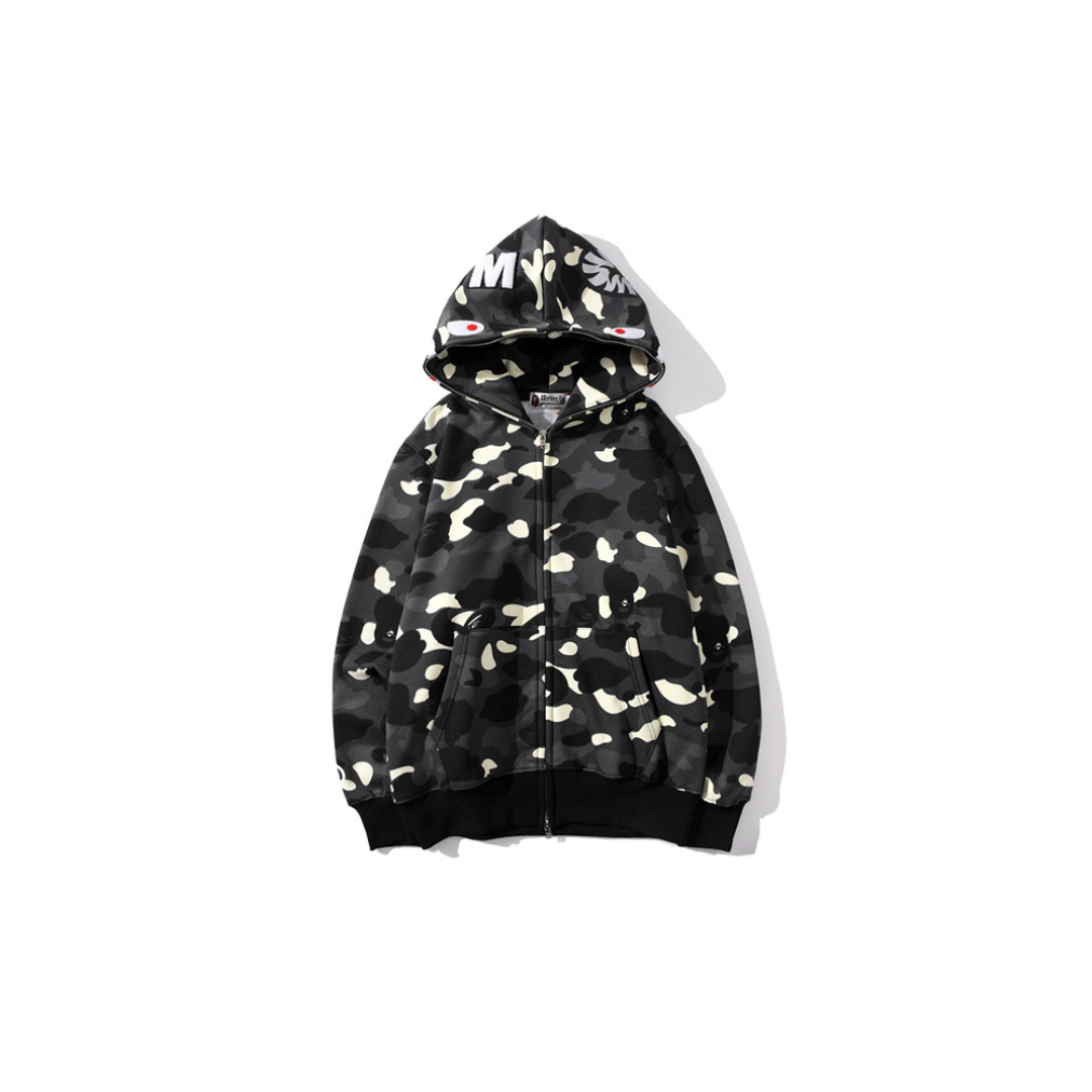 BAPE Shark Head Glow In The Dark Polka Dot Camouflage Full Zip Hoodie Black 2026 | Drip Kickz BAPE Shark Head Glow In The Dark Polka Dot Camouflage Full Zip Hoodie Black