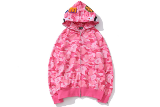 BAPE Shark Head Flame Camouflage Full Zip Hoodie Pink