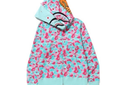 BAPE Shark Full Zip Double Hooded Hoodie Camouflage Sky Blue And Pink