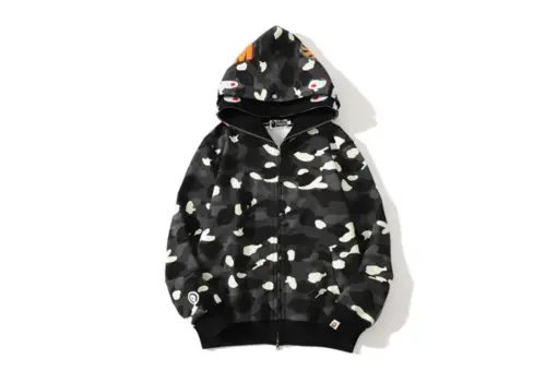 BAPE Shark Head Glow In The Dark Polka Dot Full Zip Double Hooded Hoodie Camouflage Black