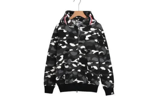 BAPE Shark Head Glow In The Dark Polka Dot Full Zip Double Hooded Hoodie Camouflage Black With White Dot