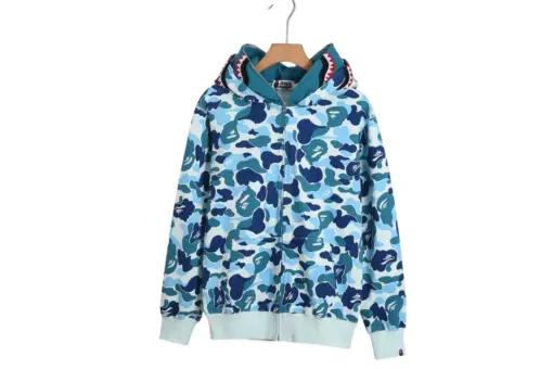 BAPE Shark Head Glow In The Dark Polka Dot Full Zip Double Hooded Hoodie Camouflage Light Sky Blue