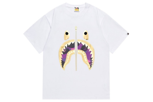 BAPE Camo Purple Yellow Flame Shark Face Design T Shirt White