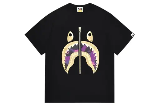 BAPE Camo Purple Shark Face Design T Shirt Black