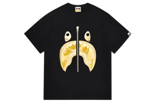 BAPE Camo Shark Face Black T Shirt Yellow Flame Design