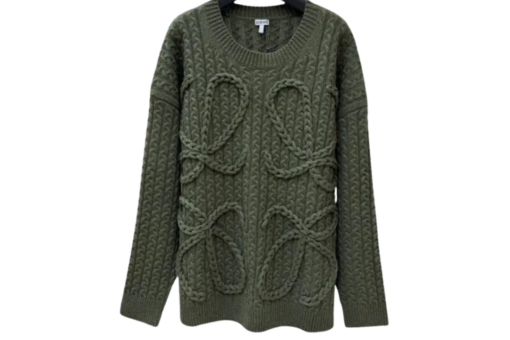Loewe Anagram Cable-Knit Wool Sweater In Khaki Green