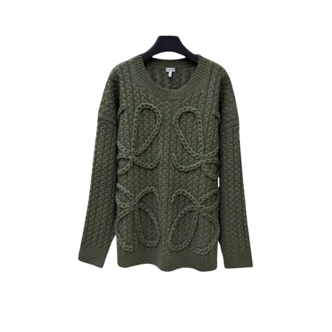 Loewe Anagram Cable-Knit Wool Sweater In Khaki Green 2026 | Drip Kickz Loewe Anagram Cable-Knit Wool Sweater In Khaki Green