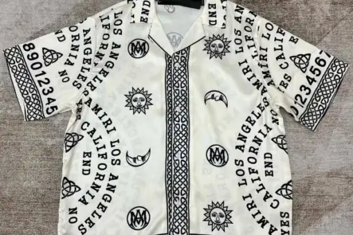 Amiri Ouija Board Print Silk Bowling Shirt White