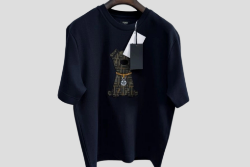Fendi Men’s Black Cotton T-Shirt Featuring A Brown FF Monogram Dog Graphic With Gold Chain Detail