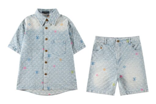 LV Rainbow Monogram Denim Shirt And Shorts Set