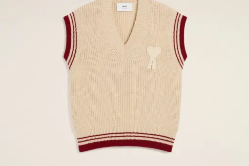 Ami Paris Beige V-Neck Sleeveless Ribbed Wool Sweater