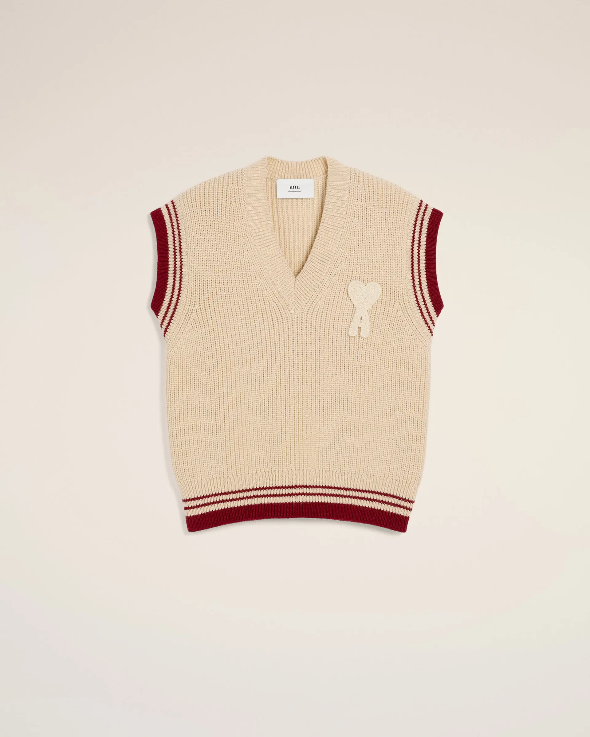 Ami Paris Beige V-Neck Sleeveless Ribbed Wool Sweater 2026 | Drip Kickz Ami Paris Beige V-Neck Sleeveless Ribbed Wool Sweater