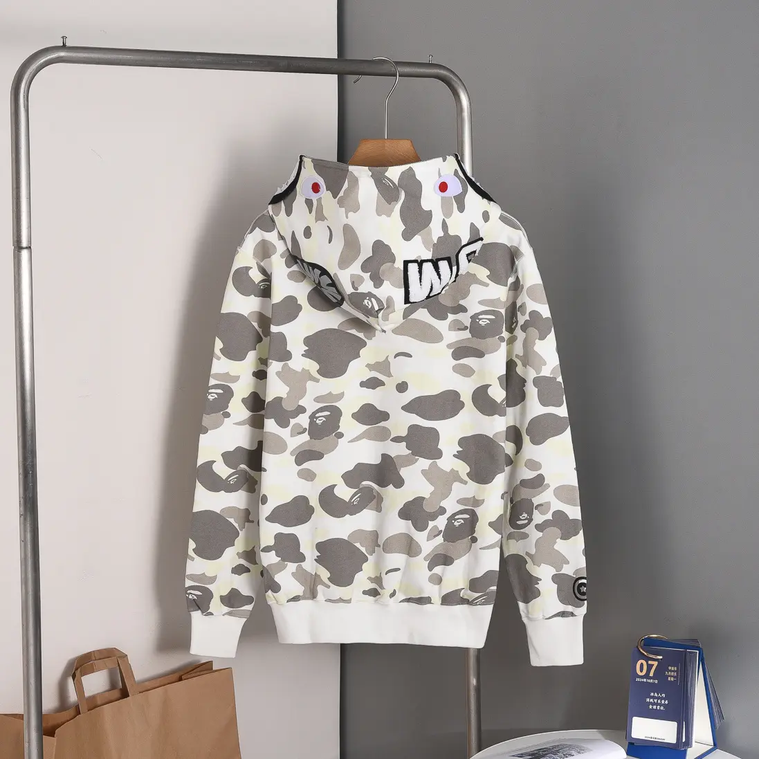 BAPE Shark Head Glow In The Dark Polka Dot Full Zip Double Hooded Hoodie Camouflage White With Gray Dot 2026 | Drip Kickz BAPE Shark Head Glow In The Dark Polka Dot Full Zip Double Hooded Hoodie Camouflage White With Gray Dot - Image 2