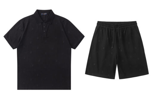 LV Embroidered Polo Shirt And Shorts Set All Black