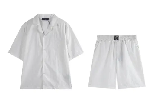 LV White Cuban Collar Short-Sleeved Shirt And Shorts Set