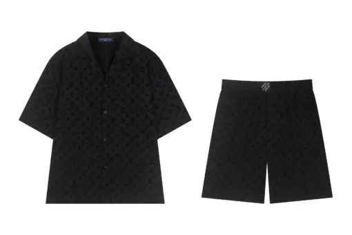 LV Black Cuban Collar Short-Sleeved Shirt And Shorts Set