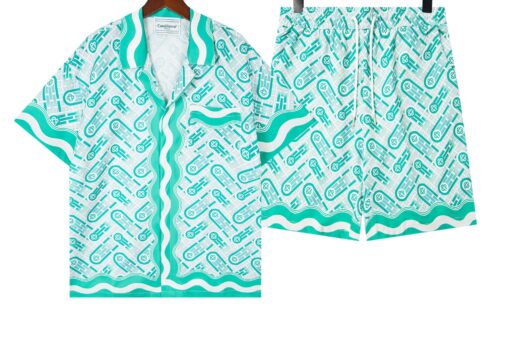 Casablanca “Green Ping Pong Monogram” Cuban Collar Silk Shirt And Short Set