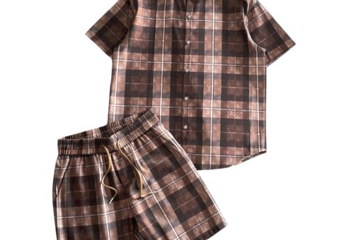 LV Plaid Button-Up Shirt And Matching Shorts Brown