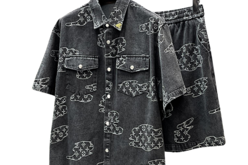 LV Monogram Jacquard Denim Shirt And Shorts Set Dark Gray