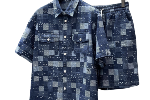 LV Damier 3D Light Denim Short-Sleeved Shirt And Shorts Set