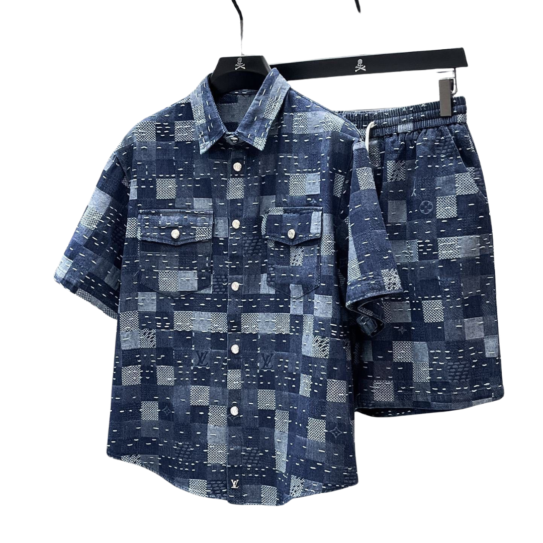 LV Damier 3D Light Denim Short-Sleeved Shirt And Shorts Set 2026 | Drip Kickz LV Damier 3D Light Denim Short-Sleeved Shirt And Shorts Set