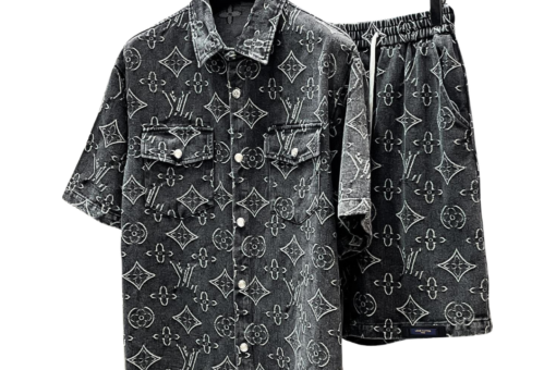 LV Printed Black Denim Short-Sleeved Shirt And Shorts Set