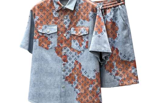LV Denim Printed Monogram Short-Sleeved Shirt And Shorts Set