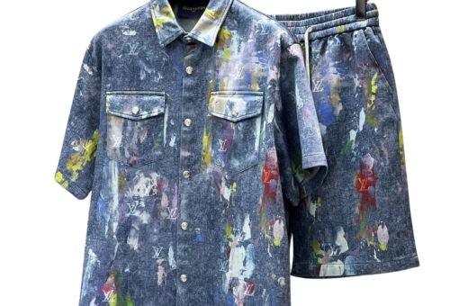 LV Artist-Inspired Denim Short-Sleeved Shirt And Shorts Set
