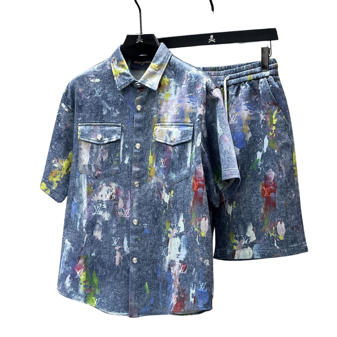 LV Artist-Inspired Denim Short-Sleeved Shirt And Shorts Set 2026 | Drip Kickz LV Artist-Inspired Denim Short-Sleeved Shirt And Shorts Set