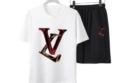 LV Red And Black 3D Graphic Letter Print T-Shirt And Shorts Set White