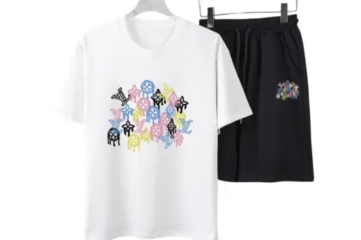 LV Colorful Luxury Brand Logos T-Shirt And Shorts Set White