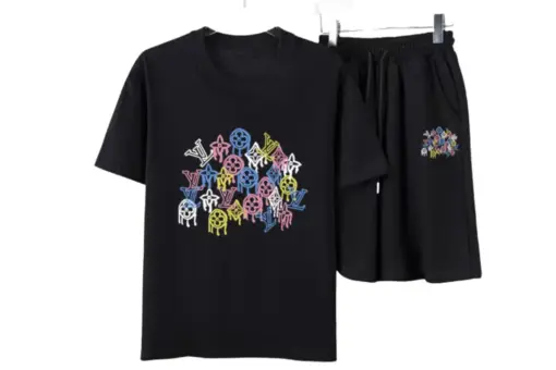 LV Colorful Luxury Brand Logos T-Shirt And Shorts Set Black
