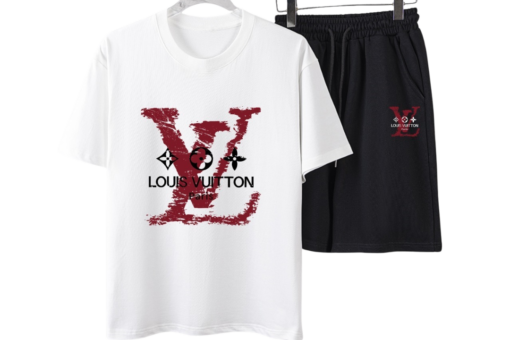 LV Red Distressed Logo T-Shirt And Shorts Set White