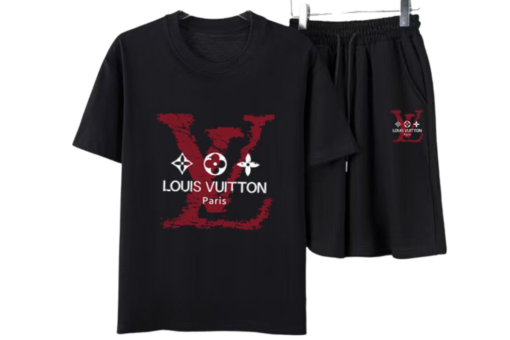 LV Red Distressed Logo T-Shirt And Shorts Set Black