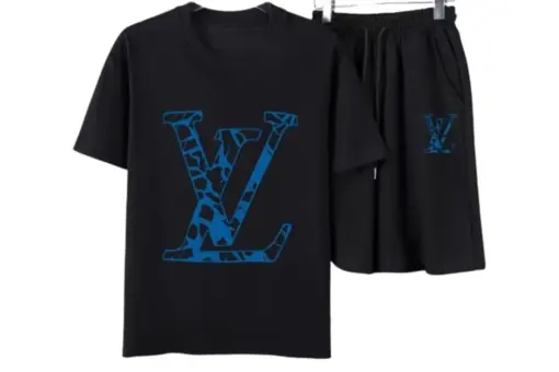 LV Blue Graphic Motif T-Shirt And Shorts Set Black