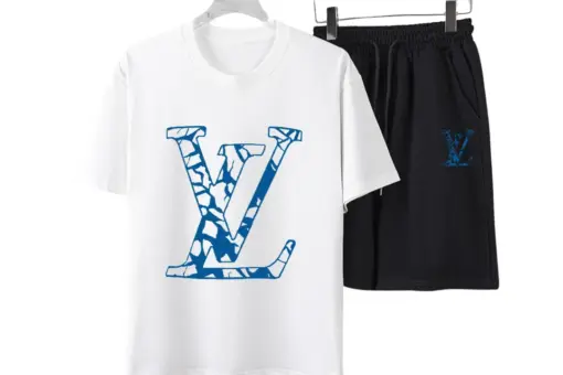 LV Blue Graphic Motif T-Shirt And Shorts Set White