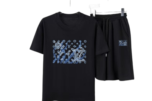 LV Blue Monogram T-Shirt And Shorts Set Black