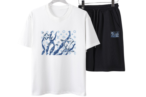 LV Blue Monogram T-Shirt And Shorts Set White