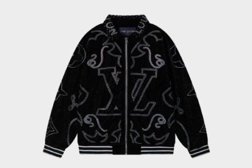 LV Embellished Leather Bomber Jacket Black