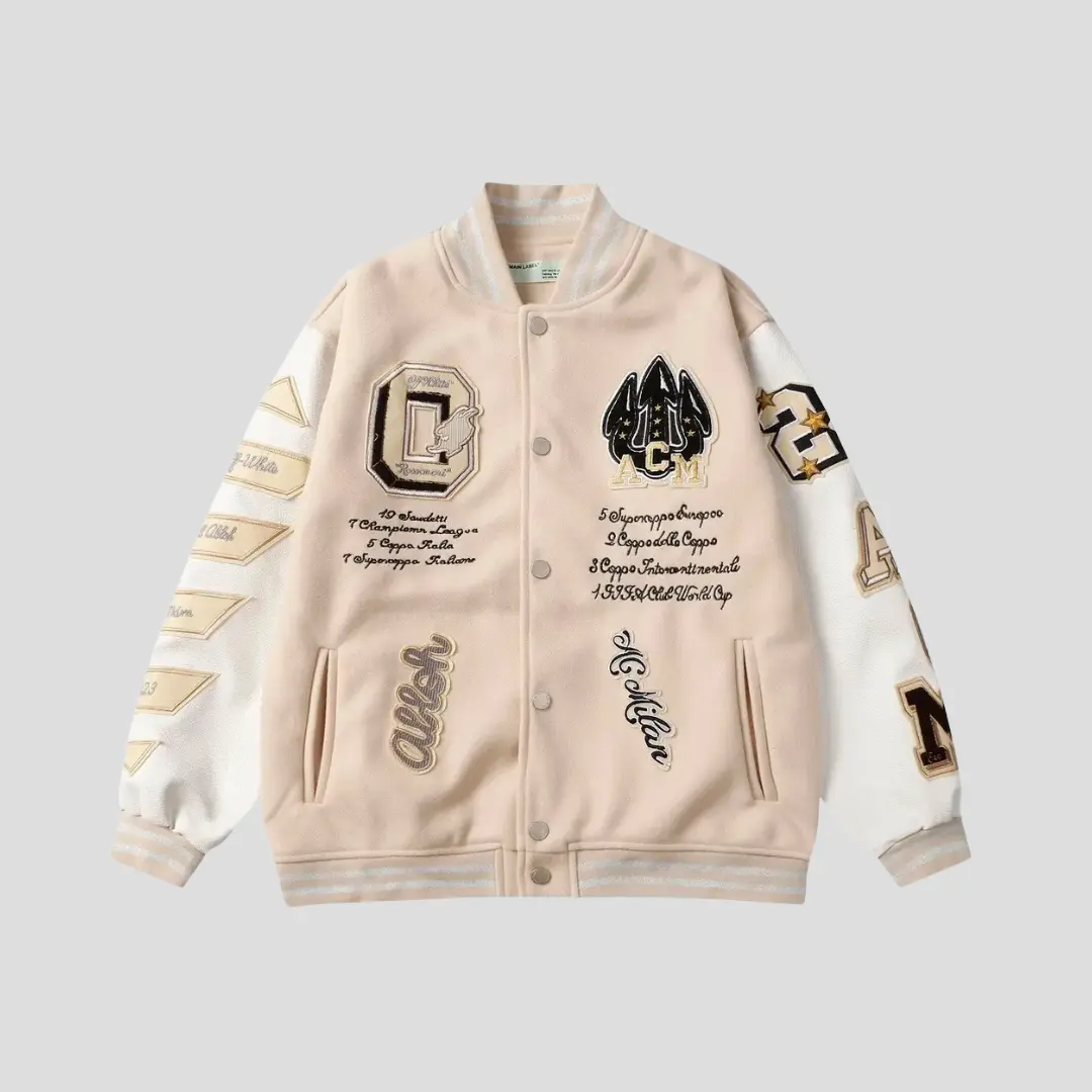 Off-White AC Milan Patch Varsity Jacket Cream/White 2026 | Drip Kickz Off-White AC Milan Patch Varsity Jacket Cream/White