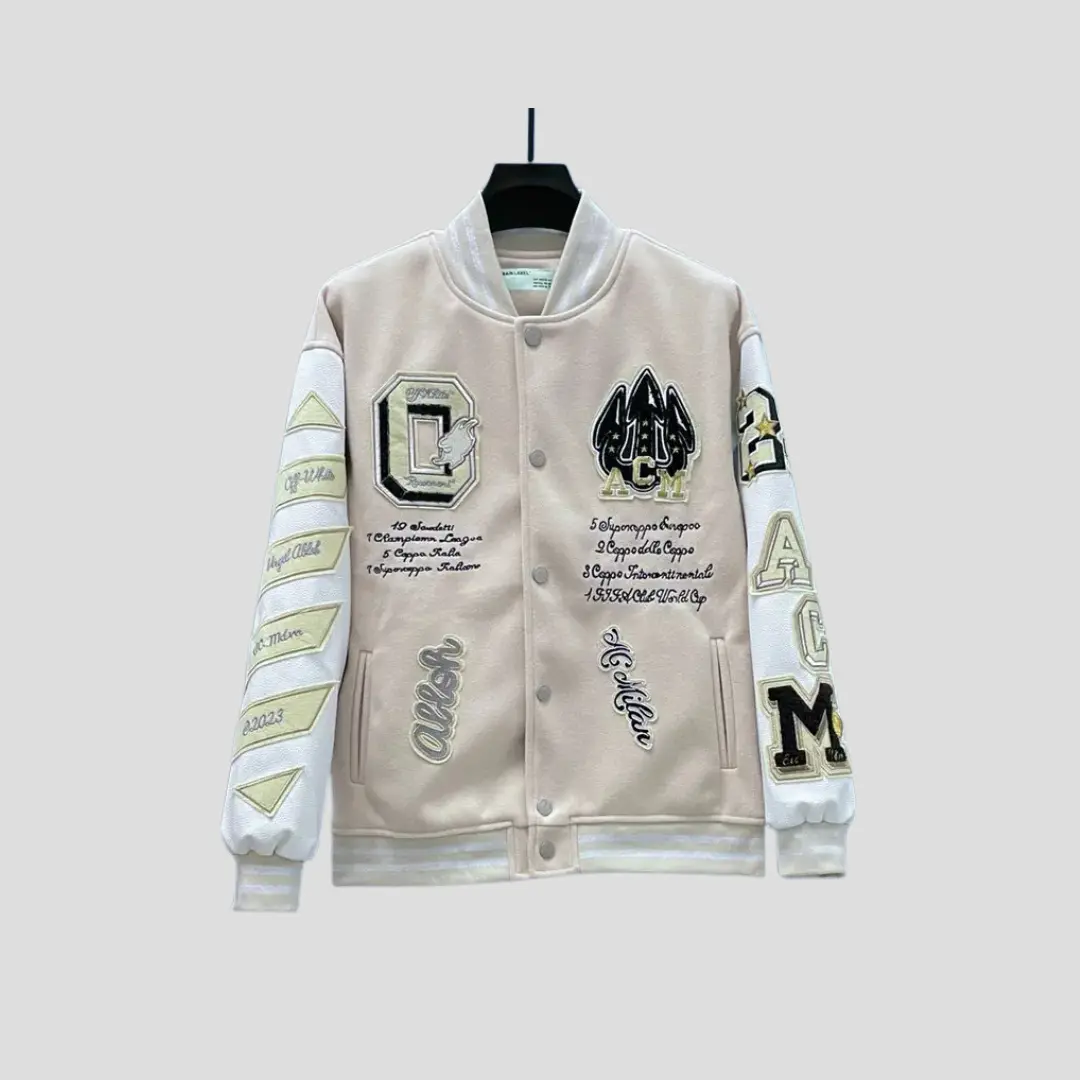 Off-White Varsity Jacket Cream Color 2026 | Drip Kickz Off-White Varsity Jacket Cream Color