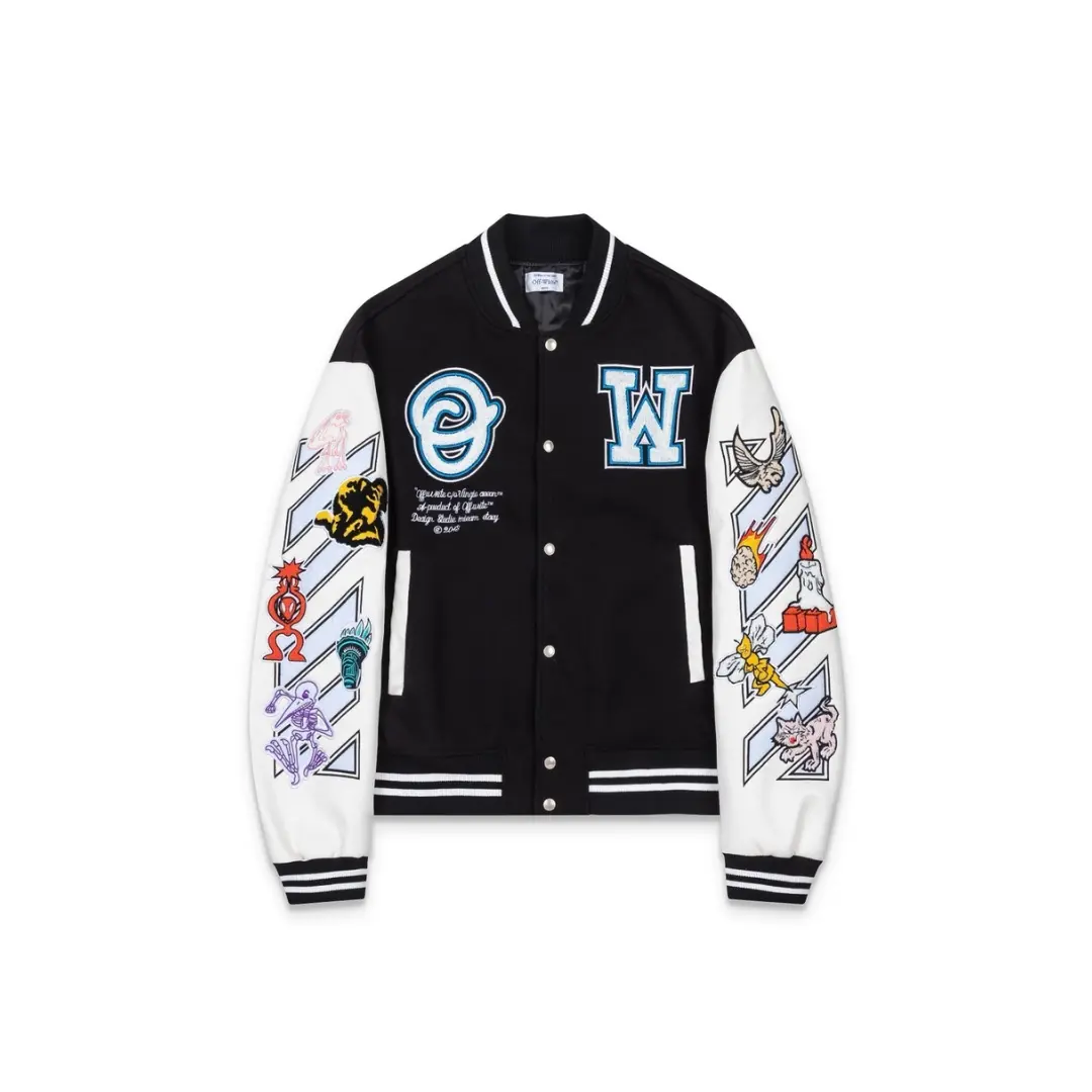 Off-White Varsity Jacket Black With Design Printed 2026 | Drip Kickz Off-White Varsity Jacket Black With Design Printed