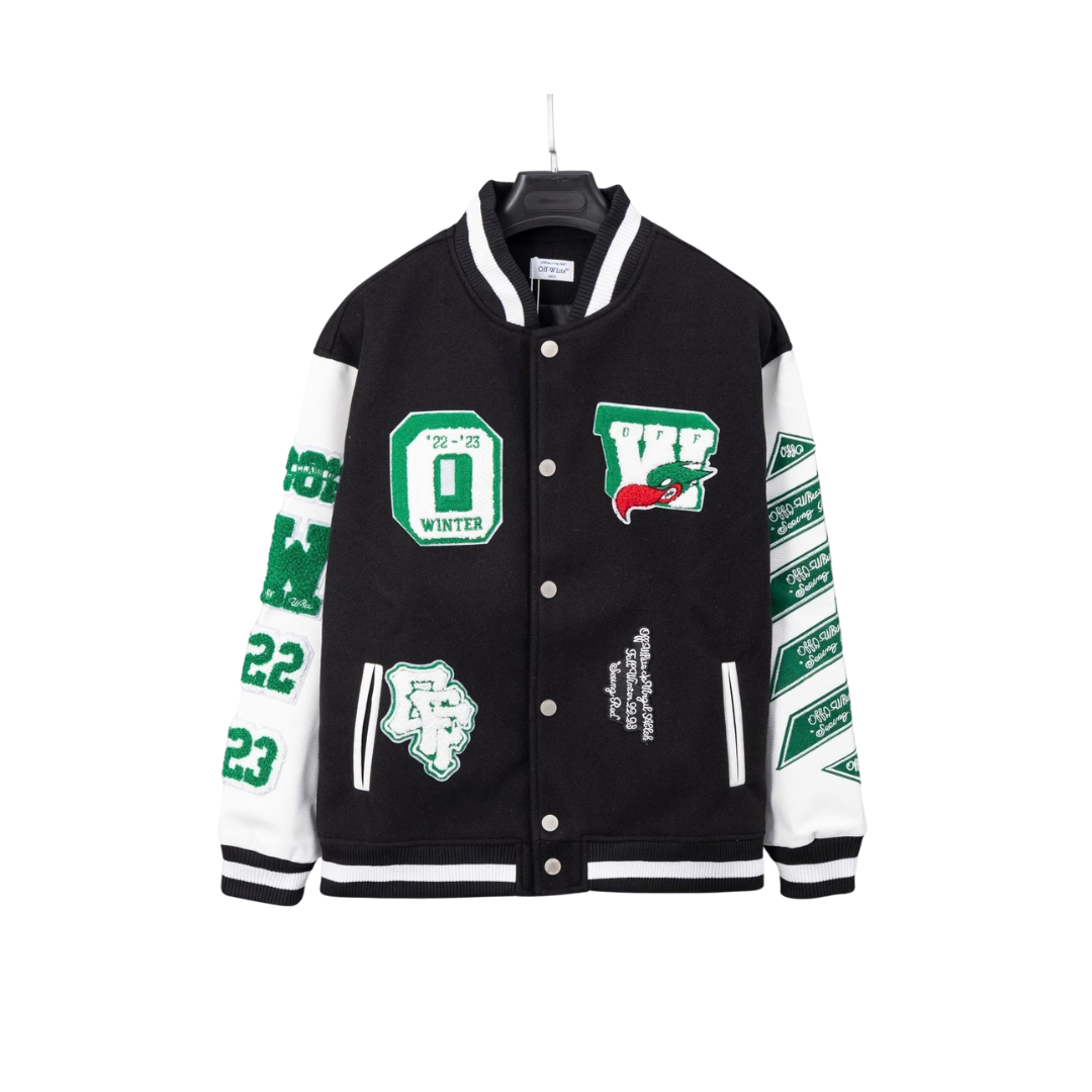 Off-White Varsity Jacket Black With Green Design 2026 | Drip Kickz Off-White Varsity Jacket Black With Green Design