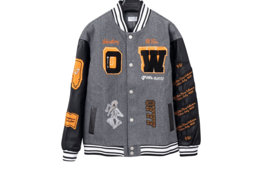 Off-White Varsity Jacket Gray With Orange Design Printed