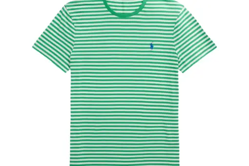 Polo Ralph Lauren Custom Slim Fit Striped Jersey T Shirt Print Summer Emerald/White