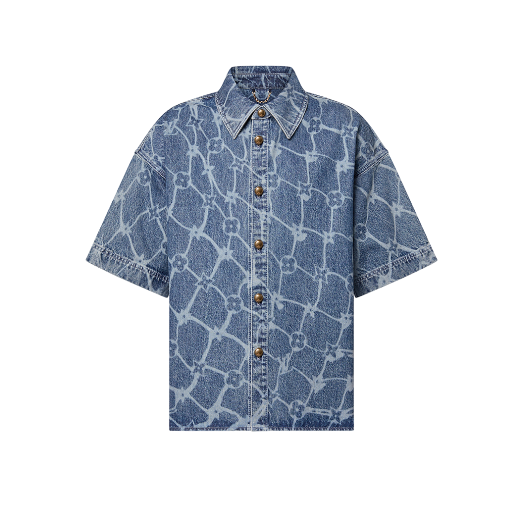 LV Monogram Printed Short-Sleeved Denim Shirt 2026 | Drip Kickz LV Monogram Printed Short-Sleeved Denim Shirt