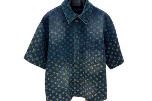 LV Rainbow Monogram Short-Sleeved Denim Shirt Dark Blue