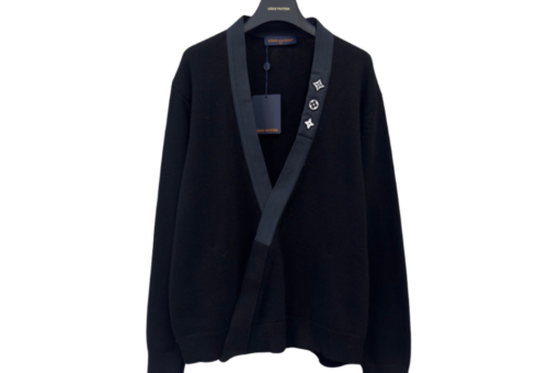 LV Embroidered Signature Cardigan In A Black Cotton Blend Ribbed Knit